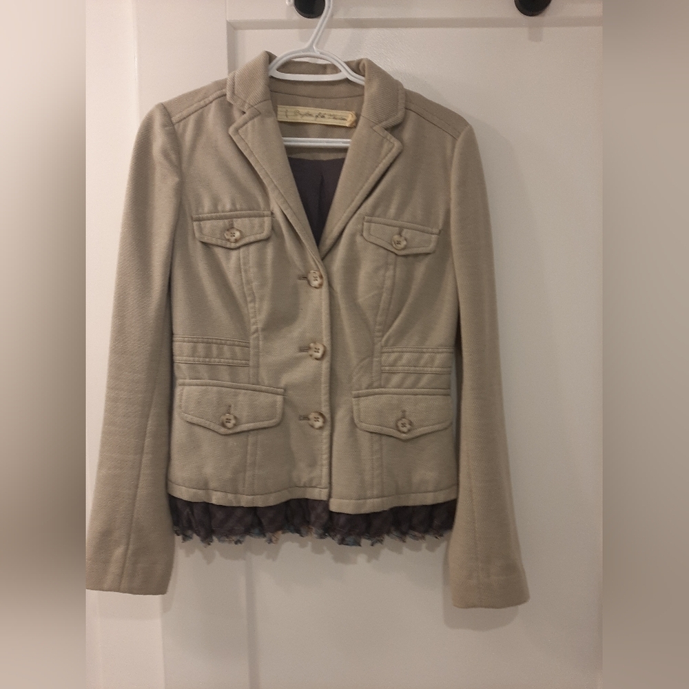 Anthropologie Beige Blazer with Ruffle Hem
